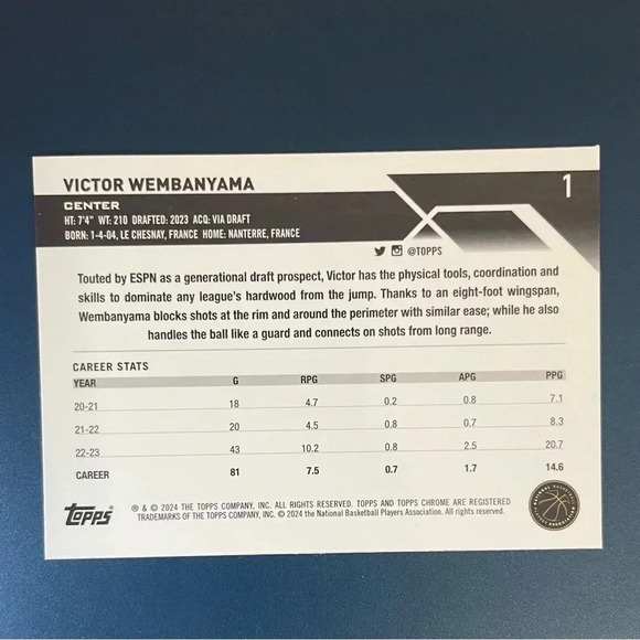 Victor Wembanyama 2023-24 Topps Chrome Rookie Card RC #1 Spurs - Picture 2 of 2